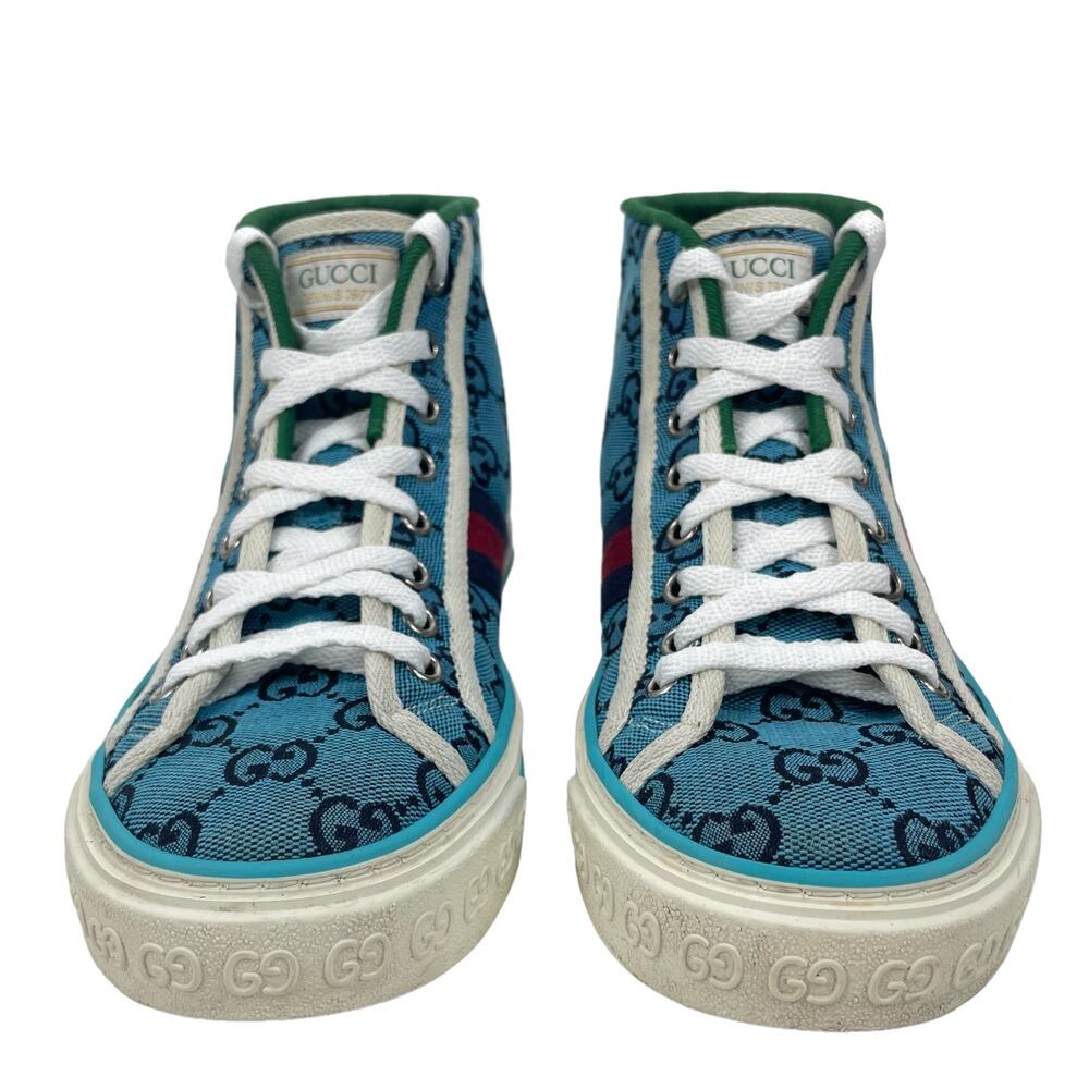 Gucci Tennis 1977 High Top Sneakers Turquoise Navy Logo Monogram Size 37 - Picture 4 of 11